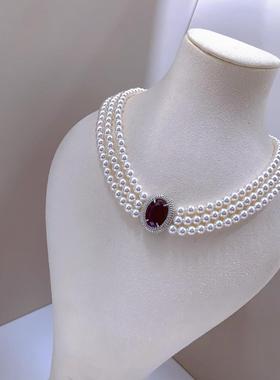 王妃款三层皇家蓝仿珍珠项链