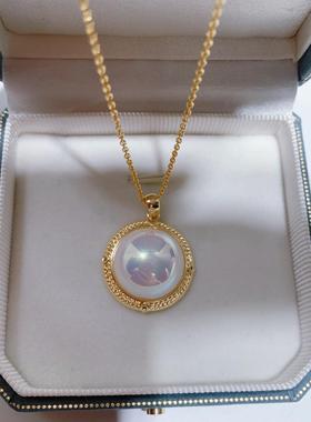 注金樱花粉炫彩仿马贝圆形吊坠