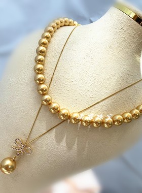 茶金色母贝珍珠锁骨项链一款多戴