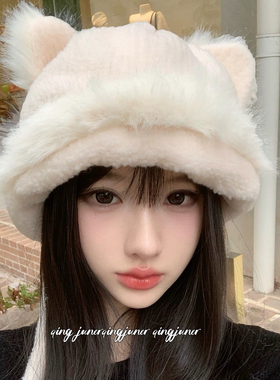 可爱猫耳朵毛绒针织毛线帽女秋冬季保暖护耳包头帽子显脸小套头帽