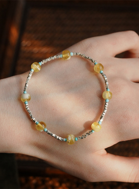 绿松蜜蜡手串925碎银手链