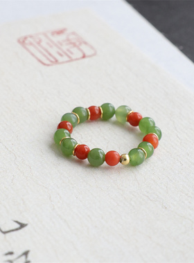 和田玉晴水南红串珠戒指