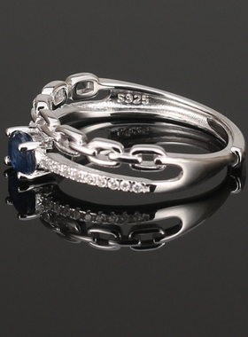女款纯银镀金蓝宝石时尚开口女戒