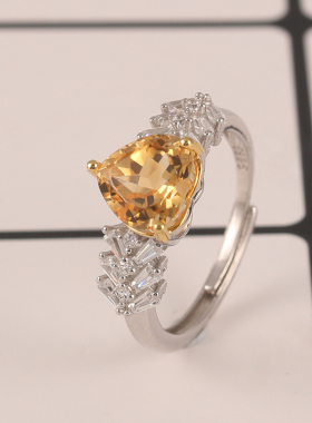 天然黄水晶纯银爱心桃形调节女戒