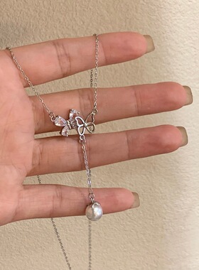 韩系新款双蝴蝶镶钻珍珠流苏项链女温柔轻奢小众温柔百搭细款颈链
