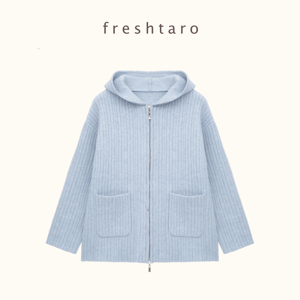 freshtaro 灰蓝/米白 连帽拉链开衫毛衣女冬季新款宽松针织衫上衣