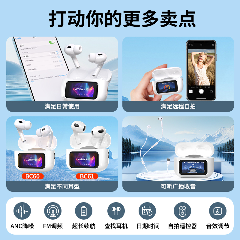 艾本蓝牙耳机不入耳防水降噪运动FM调频收音机四六级听力考试耳机