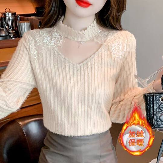 加绒烫钻植绒蕾丝打底衫女时髦洋气内搭甜美小衫秋冬法式保暖上衣