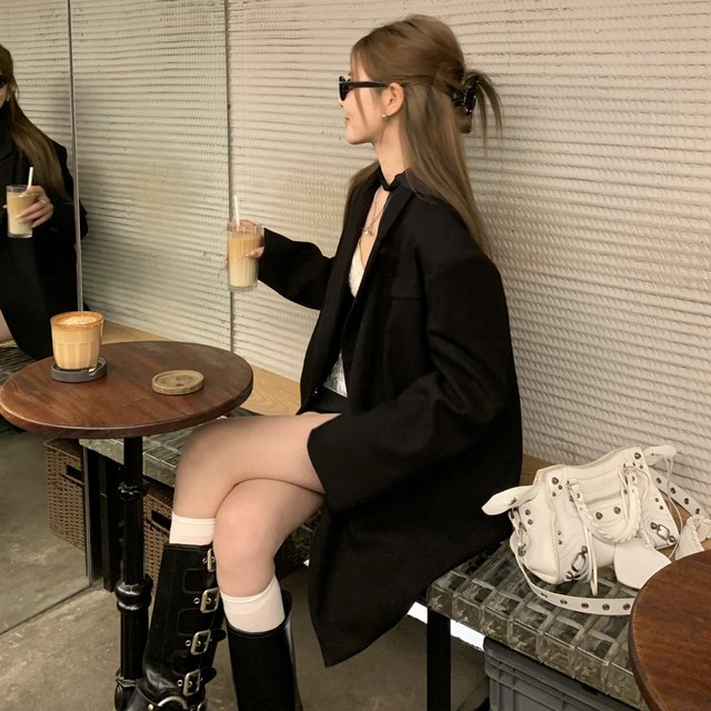 Korean style black suit, high-end and elegant loose jacket