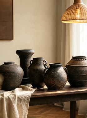 山野自然风酒店民宿高端装饰侘寂手作粗陶纹理陶罐复古陶瓷花瓶
