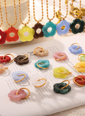 春夏日多巴胺彩色甜美花朵吊坠耳环2026新款爆款钛钢不掉色项链女