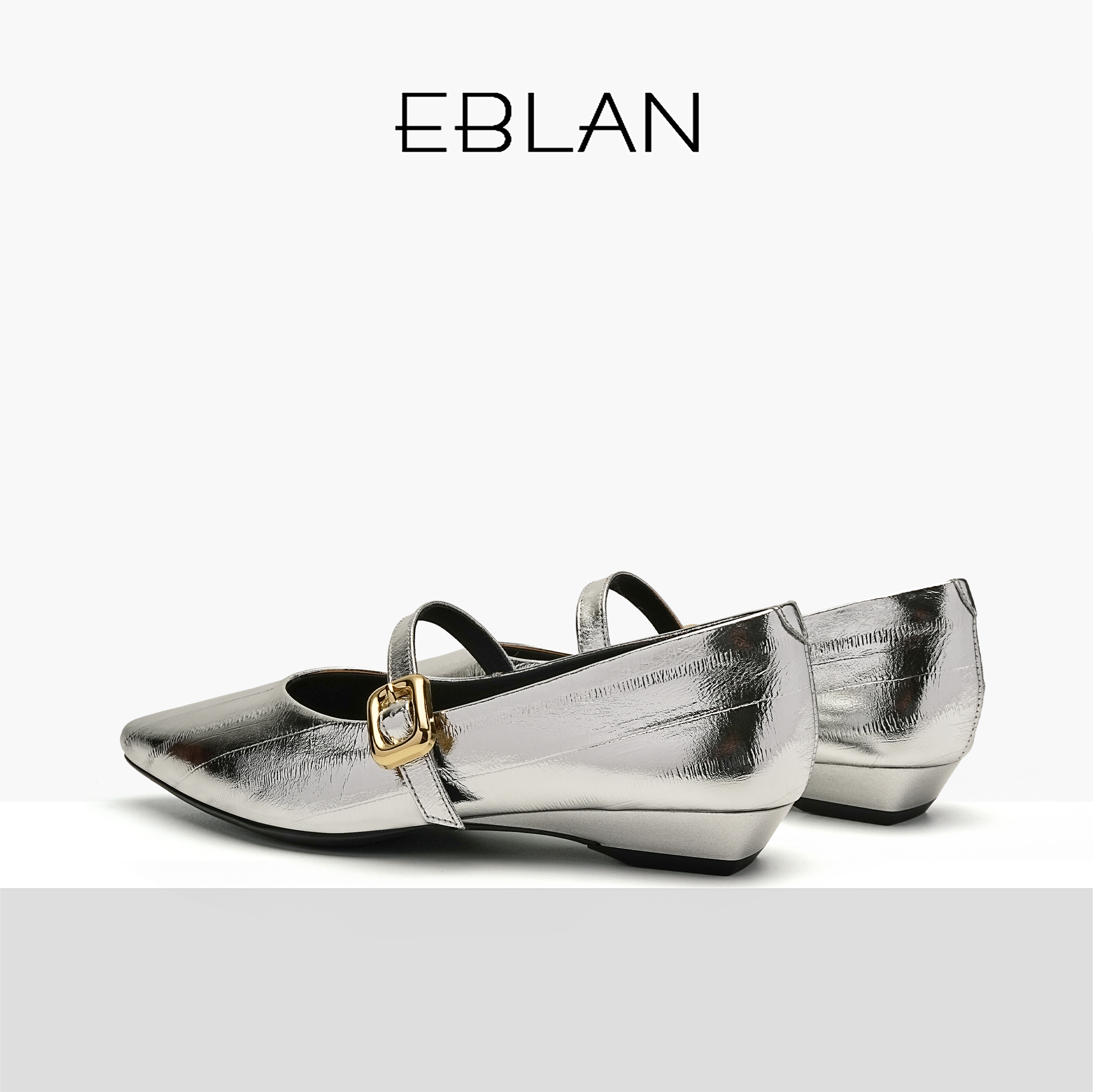 EBLAN/伊伴银色尖头单鞋2024夏季新款真皮玛丽珍一脚蹬芭蕾平底鞋-图2