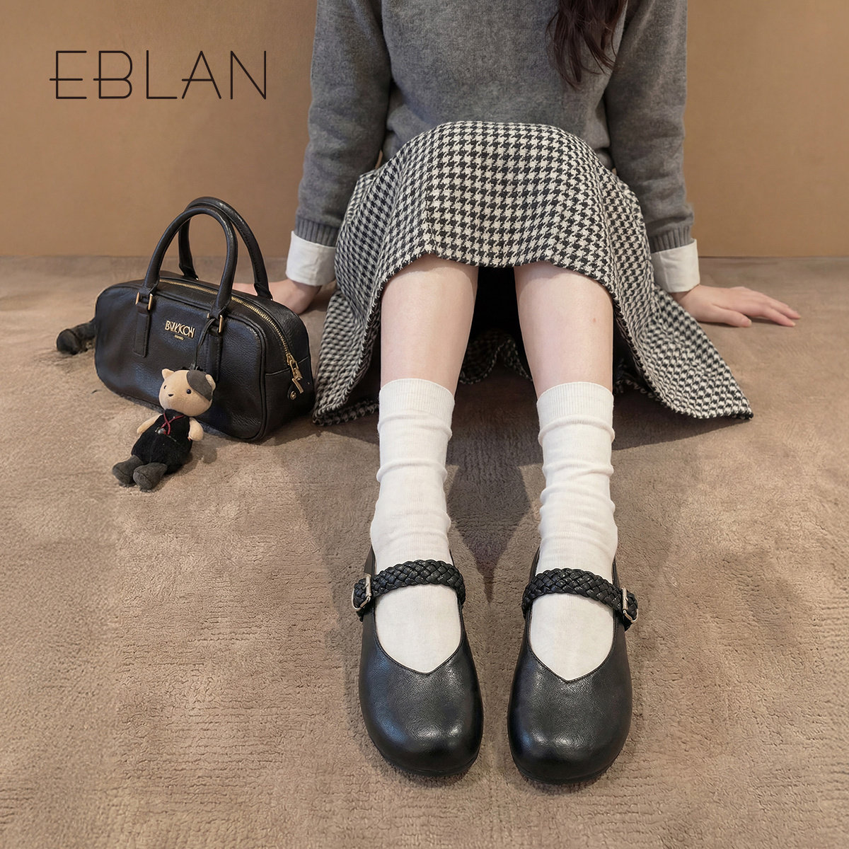 EBLAN/伊伴编织平底玛丽珍鞋女2026春季新款一字带奶奶鞋单鞋,淘宝优惠券,粉丝福利购,淘宝优惠卷