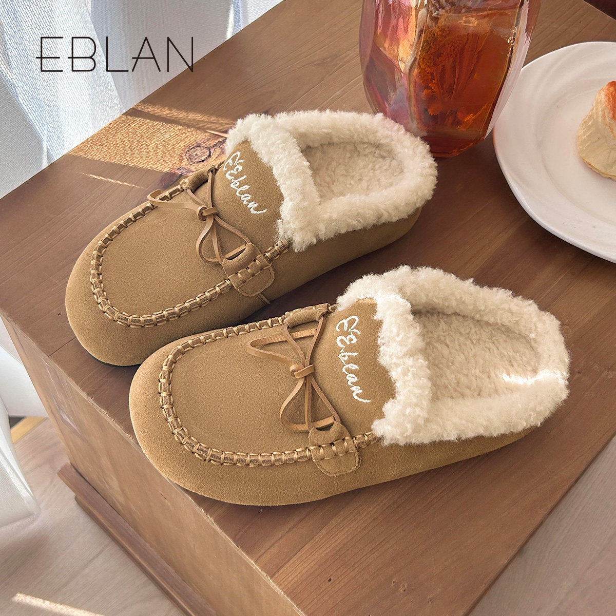 EBLAN/伊伴包头勃肯半拖鞋女外穿2025秋冬新款加绒懒人袋鼠毛毛鞋,淘宝优惠券,粉丝福利购,淘宝优惠卷