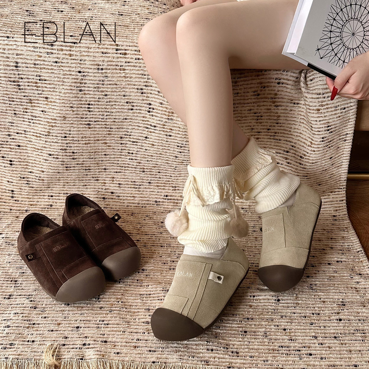 EBLAN/伊伴复古厚底勃肯鞋女2025秋冬新款加绒内增高单鞋毛毛棉鞋 - 图2