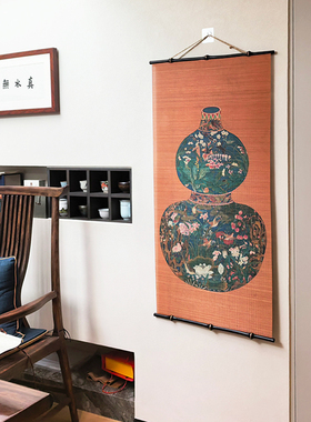 筇竹双面印花竹丝挂帘 新中式茶室挂画玄关隔断禅意竹编装饰画