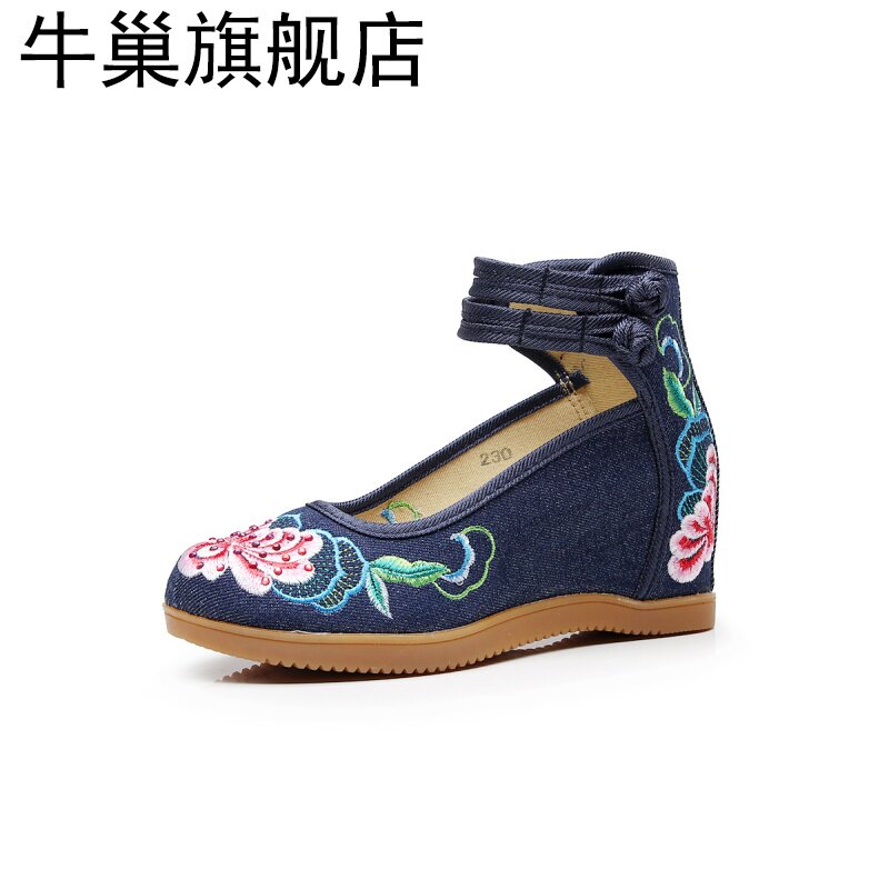 老北京女7厘米绣花鞋芙蓉花高跟鞋 牛巢帆布鞋