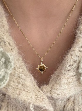 天然虎眼石星芒太阳花吊坠项链耳钉美拉德复古锁骨链小众气质耳环