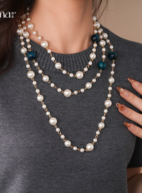 轻奢玻璃珍珠串珠三层项链时尚气质百搭毛衣链轻奢高级感项饰女