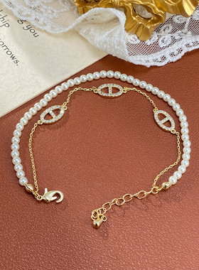 轻奢气质温柔百搭珍珠锆石猪鼻子双层手链小众时尚设计感手串手饰