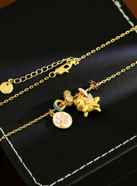 高级感珐琅小飞马独角兽项链女轻奢花朵小众可爱锁骨链减龄本命年