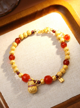 2026新年红色喜庆古法沙金串珠手链拉丝手工葫芦国风手串轻奢手饰