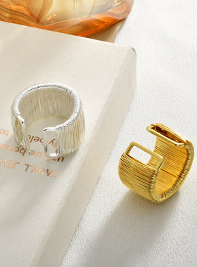 欧美编织条纹夸张个性开口戒指不规则宽版可调节时尚指环气质简约
