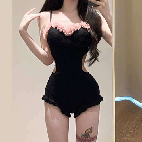 世可儿纯欲花朵高级连体泳衣女黑色性感镂空温泉钢托聚拢显瘦泳衣 - 图0