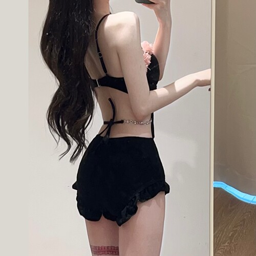 世可儿纯欲花朵高级连体泳衣女黑色性感镂空温泉钢托聚拢显瘦泳衣 - 图1