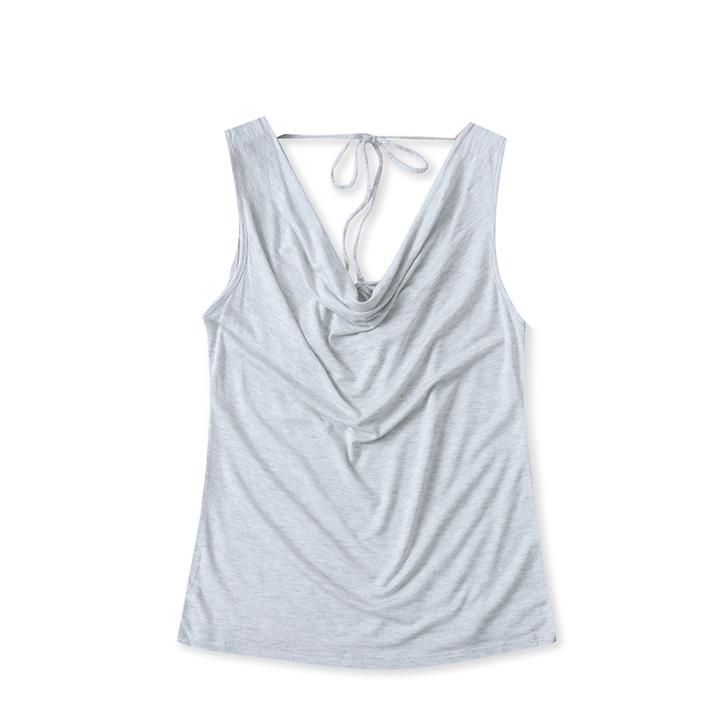 露背无袖上衣春夏新款外贸女装百搭时尚堆堆领修身后绑带T恤17525