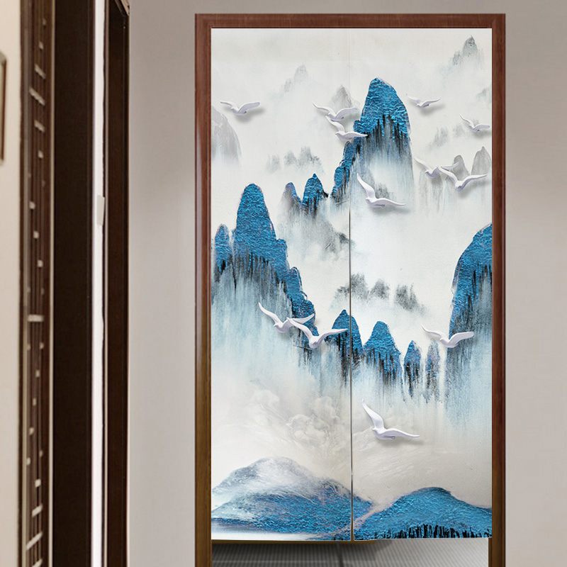 新中式禅意水墨山水画入户门帘玄关风水隔断帘卫生间挂帘子魔术贴 - 图3