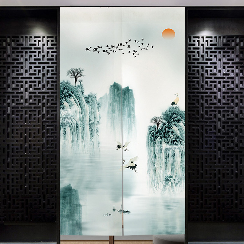 新中式禅意水墨山水画入户门帘玄关风水隔断帘卫生间挂帘子魔术贴 - 图1