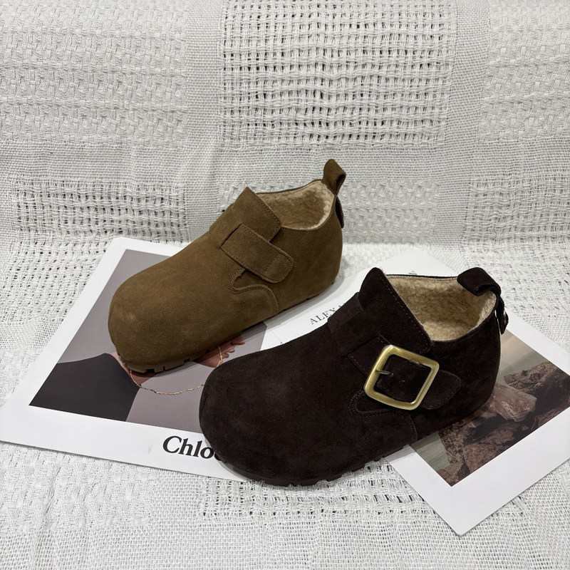 韩版2025冬季新款真皮反绒高帮勃肯鞋女乐福鞋平底一脚蹬加绒棉鞋,淘宝优惠券,粉丝福利购,淘宝优惠卷