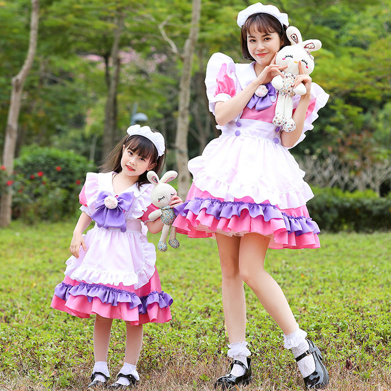 新作親子メイドピンクスカート猫爪蝶々結びロリータ子供の日の可愛いファッション