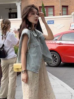 Retro Hong Kong Style Denim Vest Jacket Women's Summer Loose Slim Casual Versatile Sleeveless Waistcoat Work Jacket Top