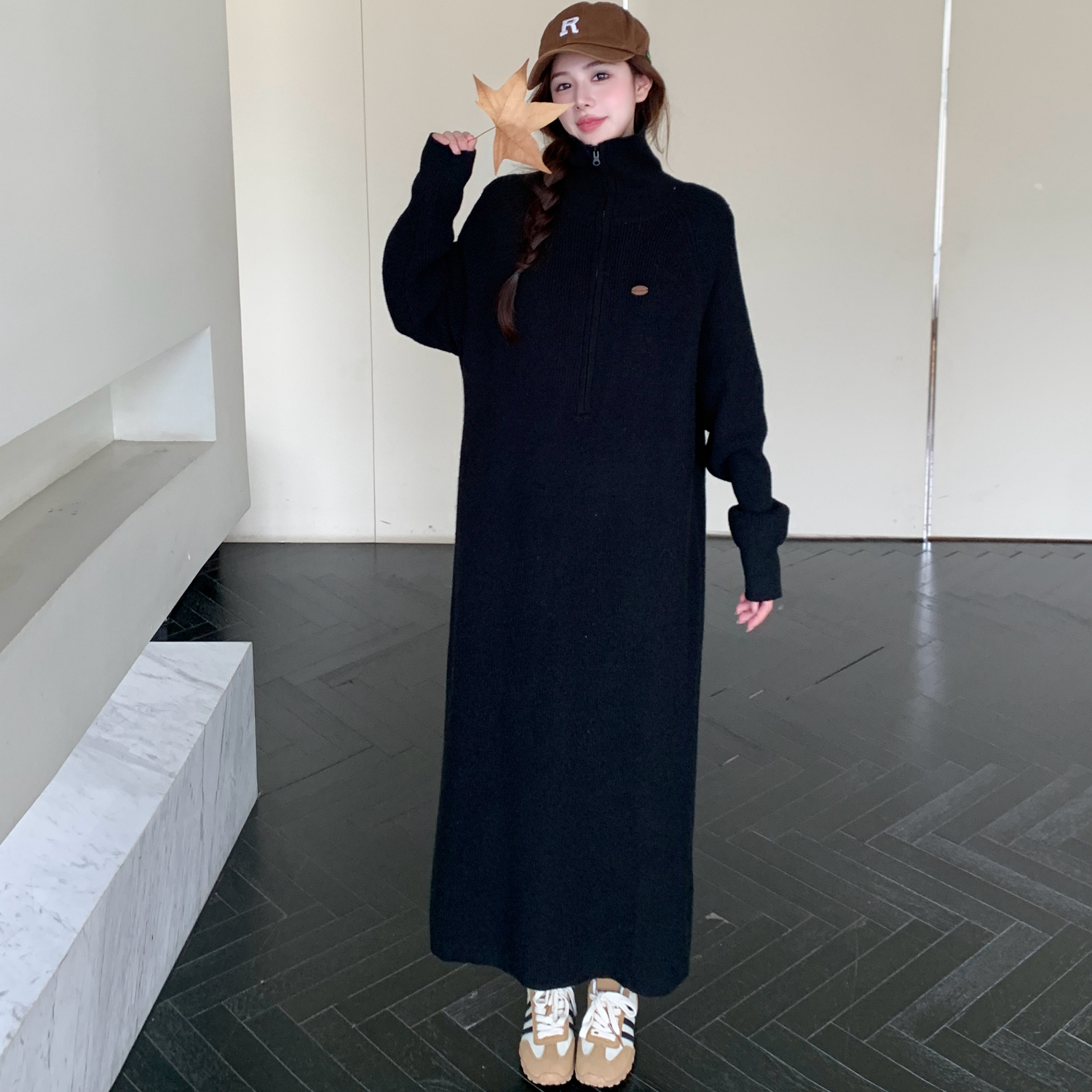 胖妹妹大码女装2025秋冬新款针织中长款高领拉链长袖毛衣连衣裙子 - 图1