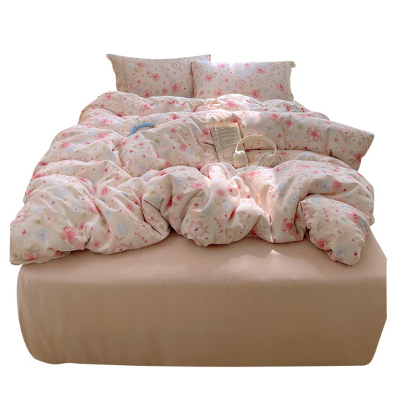 Thickened cotton brushed four-piece set pure cotton quilt cover sheet ins style floral bedding bed sheet dormitory three-piece set