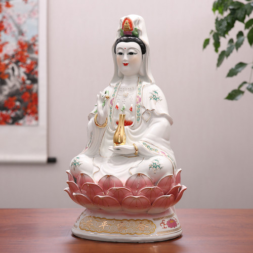 坐莲观音菩萨像合家平安南海观世音瓷像供奉家用镇宅陶瓷佛像摆件 - 图0