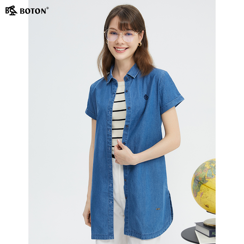 波顿2025夏季新薄款高端女士牛仔短袖衬衫美式休闲大码纯棉上衣 - 图1