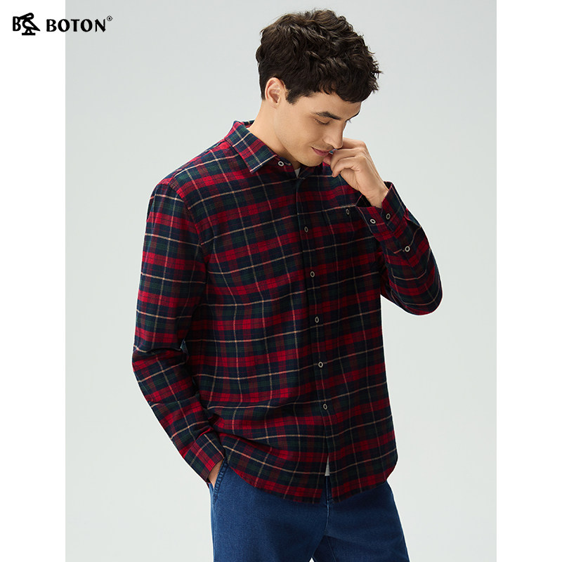 波顿2025秋季新款男士翻领修身长袖衬衫中厚磨毛格子衬衣男款长袖,淘宝优惠券,粉丝福利购,淘宝优惠卷