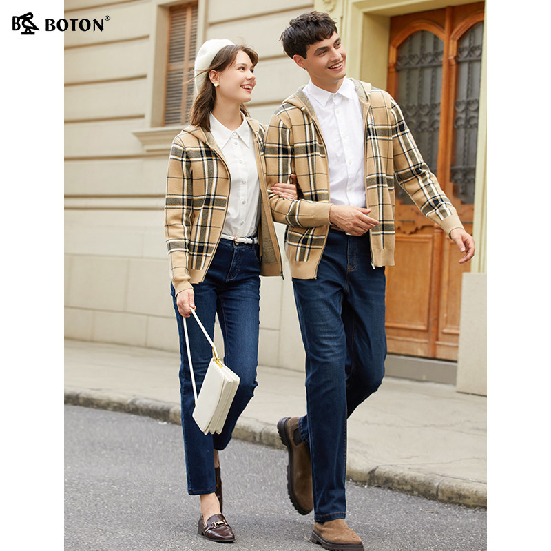 波顿2025秋冬季新款女士连帽卡其蓝黄色格子毛衣卫衣外套高端上衣,淘宝优惠券,粉丝福利购,淘宝优惠卷