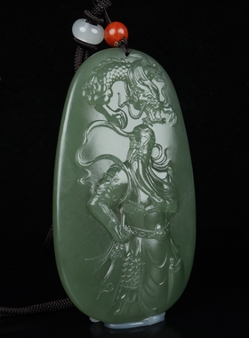 天然新疆和田玉关公吊坠 武财神玉坠原石男款挂件牌子 C57