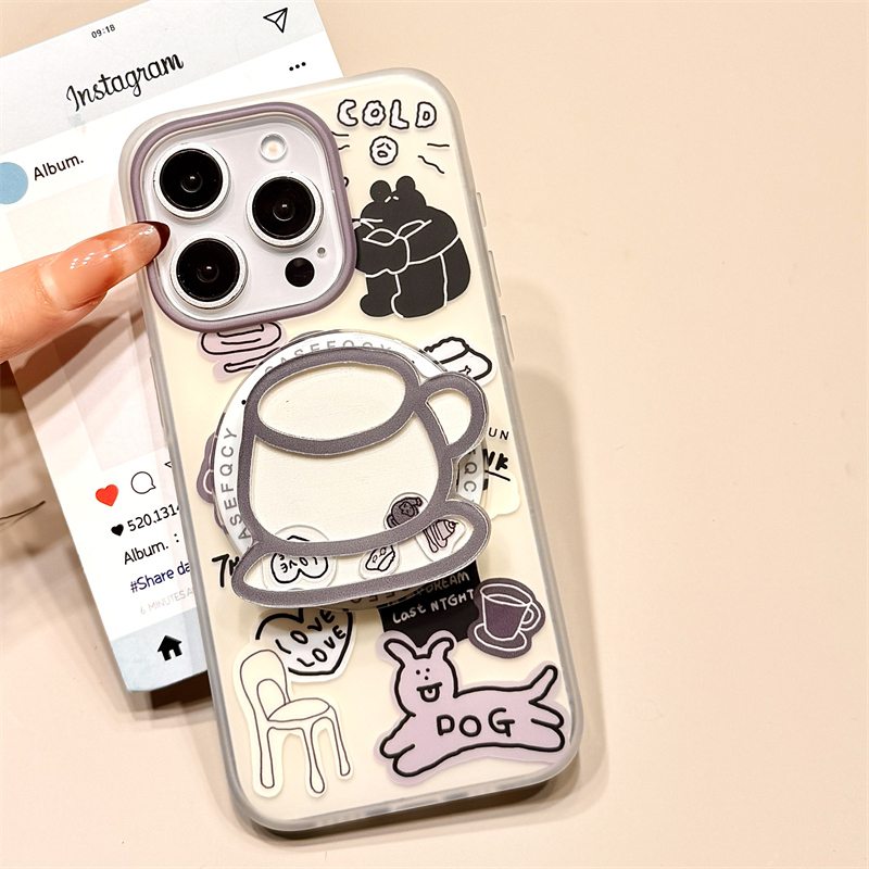 可爱线条猫咪狗狗茶杯摇摇乐磁吸支架适用于iphone16promax苹果14手机壳15新款15pro女16双层13pm硅胶防摔套