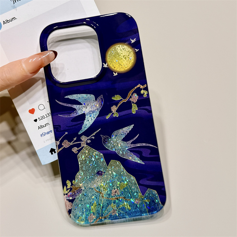 玩胜 国潮风紫底亮片闪粉山峰喜鹊iphone16promax苹果14手机壳15新款15pro女16新中式13pm硅胶创意防摔保护套