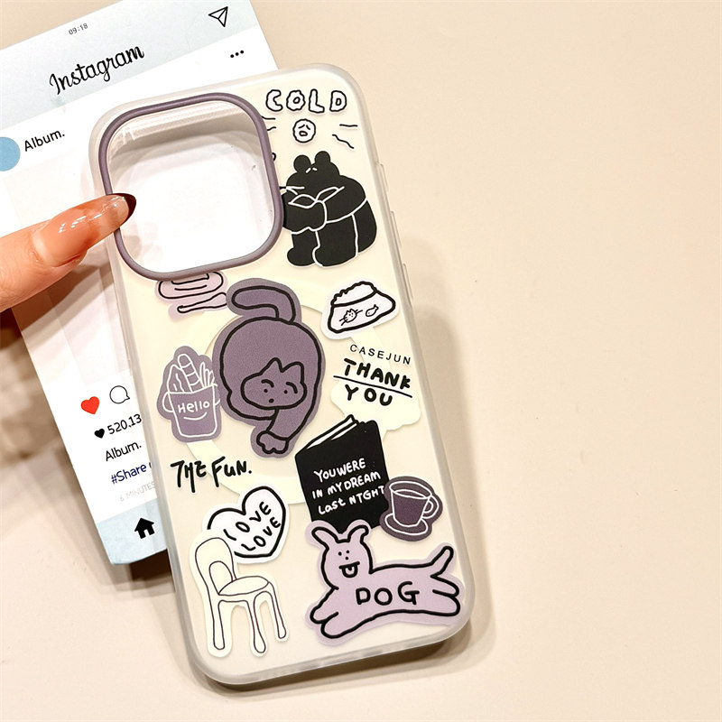 可爱线条猫咪狗狗茶杯摇摇乐磁吸支架适用于iphone16promax苹果14手机壳15新款15pro女16双层13pm硅胶防摔套