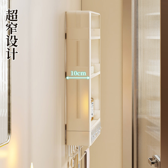 Narrow storage rack behind bathroom door