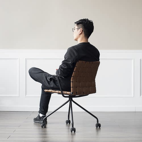 【特价清仓】马鞍皮编织书房电脑椅工业风铁艺现代简约硬书桌转椅 - 图1