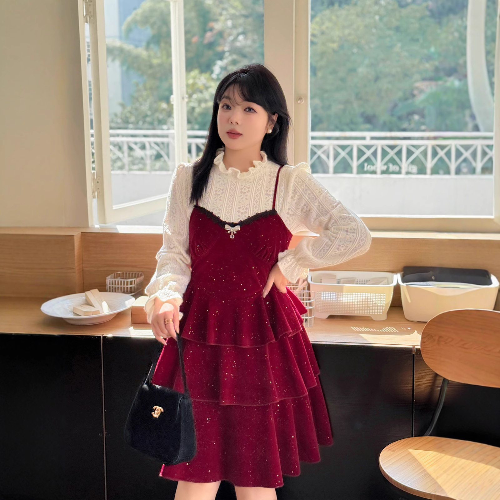 大码新年套装蛋糕裙吊带裙+蕾丝打底衫红色连衣裙两件套,淘宝优惠券,粉丝福利购,淘宝优惠卷