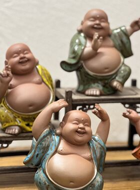 紫砂可养五福弥勒佛茶宠摆件