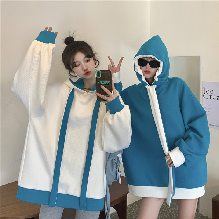 卫衣女秋冬2023新款学院风设计感闺蜜装撞色连帽宽松慵懒长袖上衣